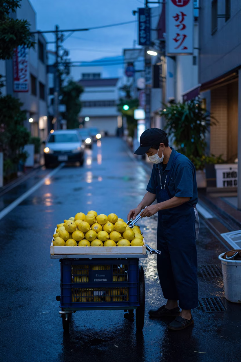 Tokyo Indigo Twilight Street Scene with Lemons and Wrench in in Tokyo, Japan