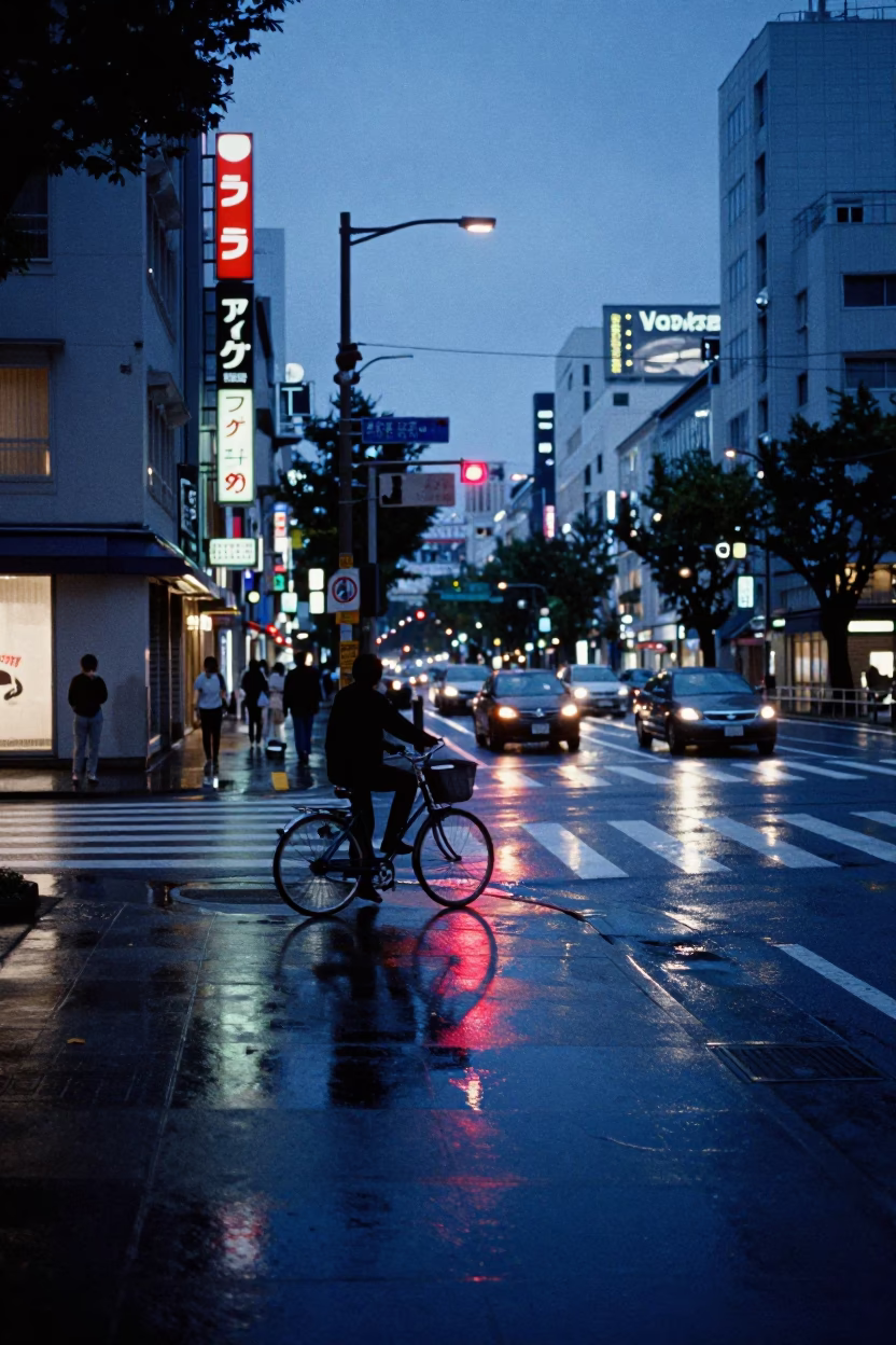 Tokyo Indigo Twilight Street Scene with Neon Reflections and Urban Details in in Tokyo, Japan