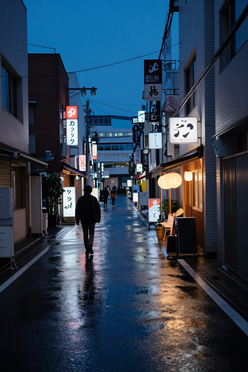 Tokyo indigo twilight street scene with neon reflections and wet pavement in 1980s Japan in in Tokyo, Japan
