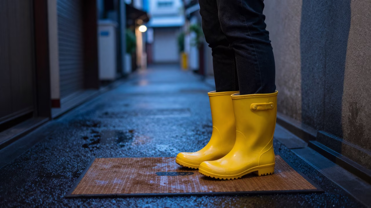 Tokyo indigo twilight street scene with rain boots and doormat outside traditional shop in in Tokyo, Japan