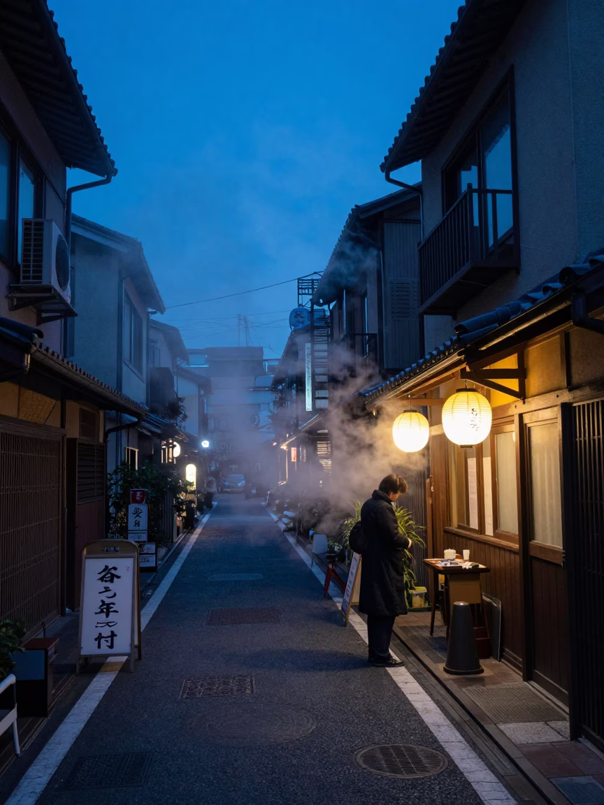 Tokyo Indigo Twilight Street Scene with Steam and Traditional Elements in in Tokyo, Japan
