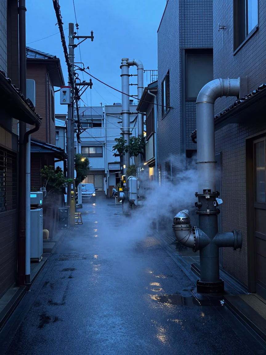Tokyo Indigo Twilight Street Scene with Steam Pipes and Frost in in Tokyo, Japan