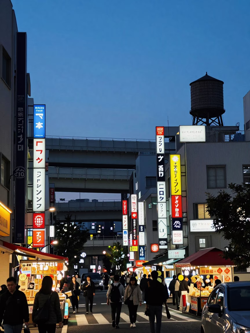 Tokyo Japan Blue Hour Highway Flyover Stack Evening Sky 1970s Street Scene in in Tokyo, Japan