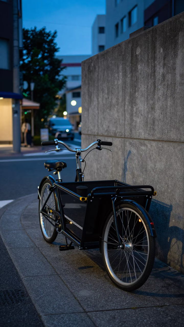 Tokyo Japan Blue Hour Street Scene with Cargo Bicycle and Carafe Reflection in in Tokyo, Japan