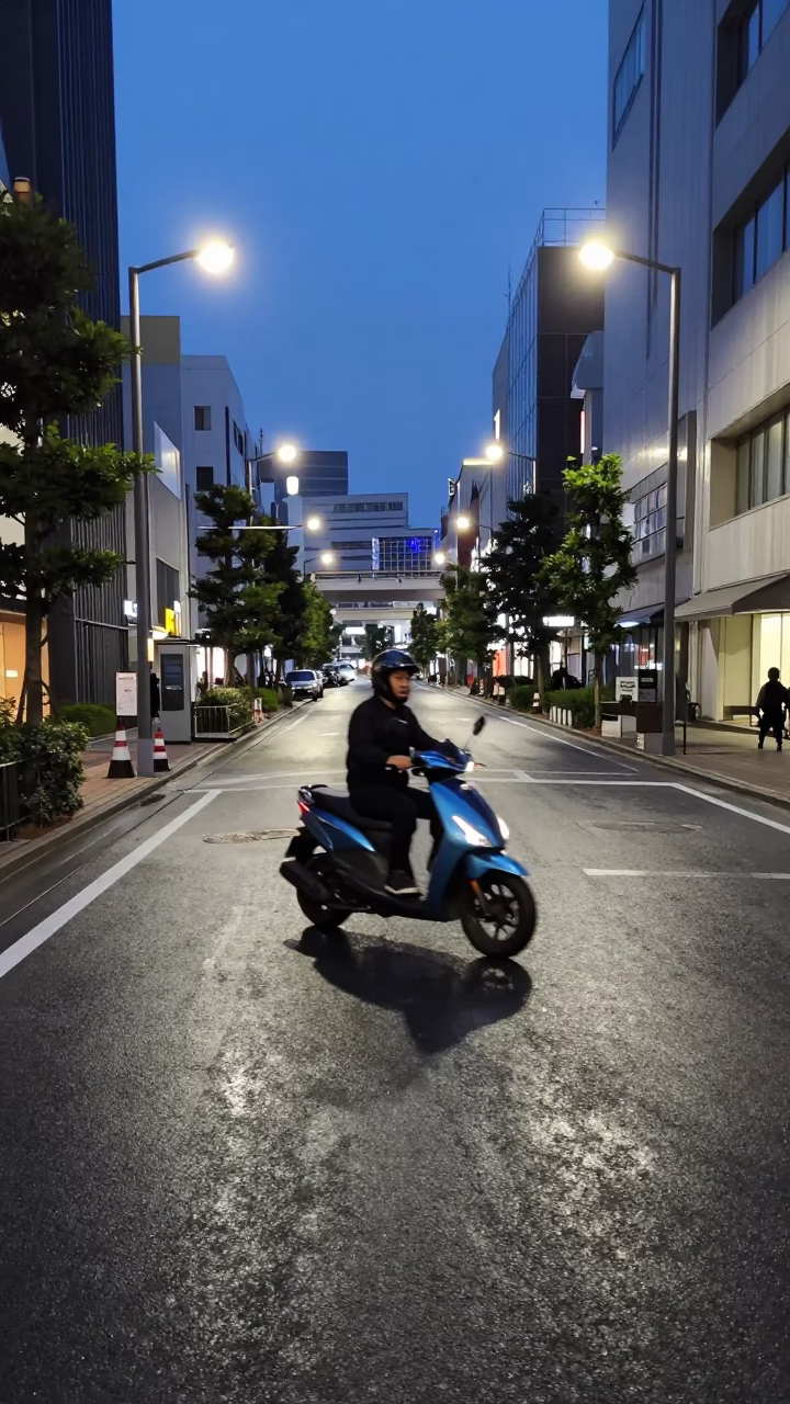 Tokyo Japan Blue Hour Street Scene with Scooter and Urban Details in in Tokyo, Japan