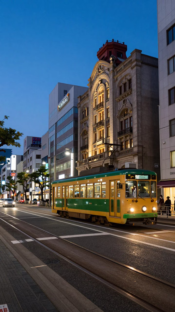 Tokyo Japan Blue Hour Street Scene with Tram and Art Nouveau Facades in in Tokyo, Japan