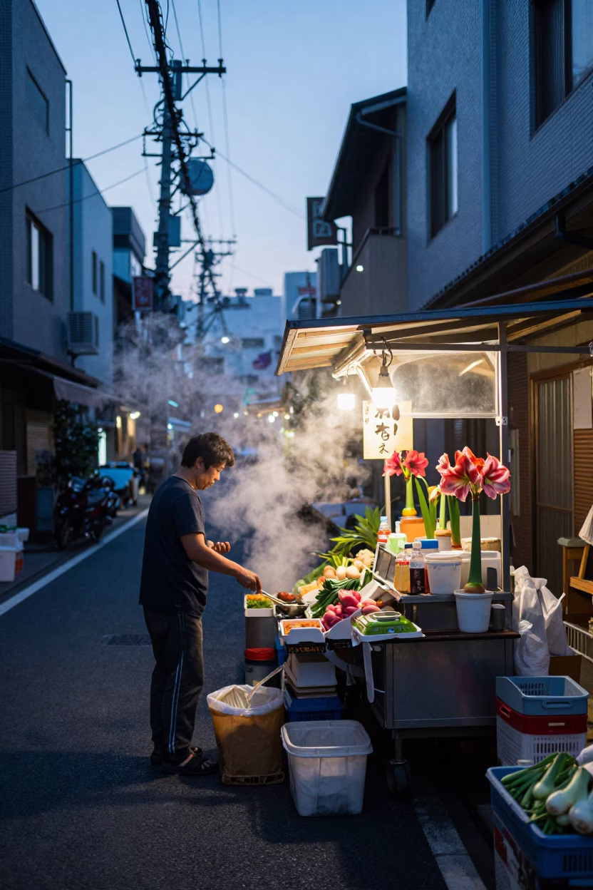 Tokyo Japan Dawn Street Scene with Amaryllis and Local Market Activity in in Tokyo, Japan
