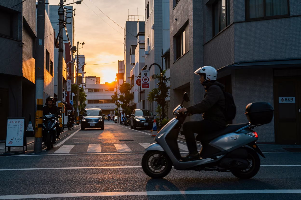 Tokyo Japan Evening Street Scene with Scooter and Urban Architecture in in Tokyo, Japan
