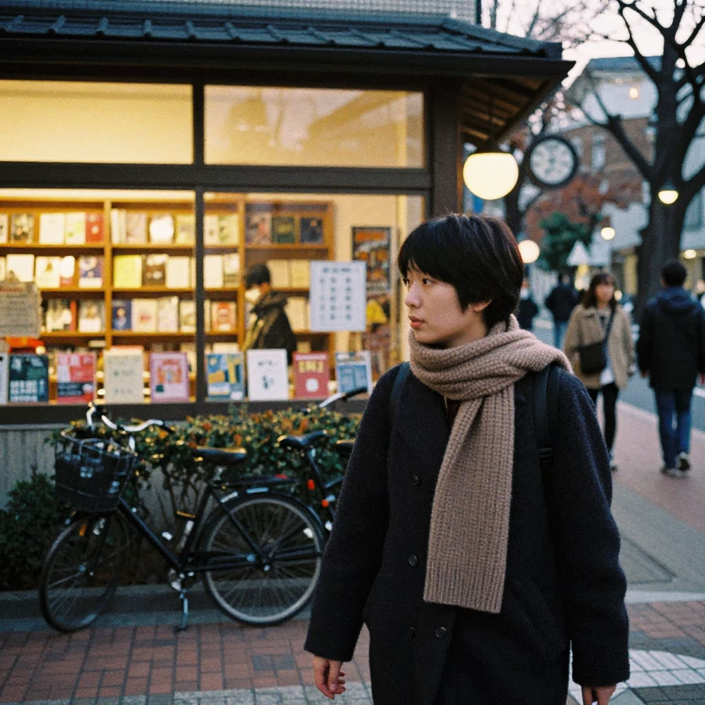 Tokyo Japan Evening Street Scene with Wool Scarves and Campus Bookstore Packets in in Tokyo, Japan