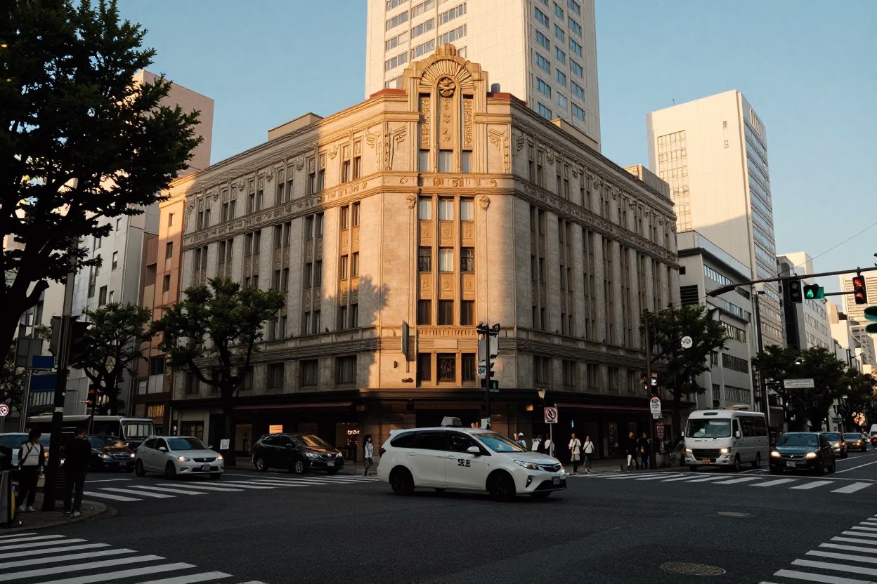 Tokyo Japan Golden Hour Street Scene with Art Deco Hotel Facade and Local Pedestrians in in Tokyo, Japan