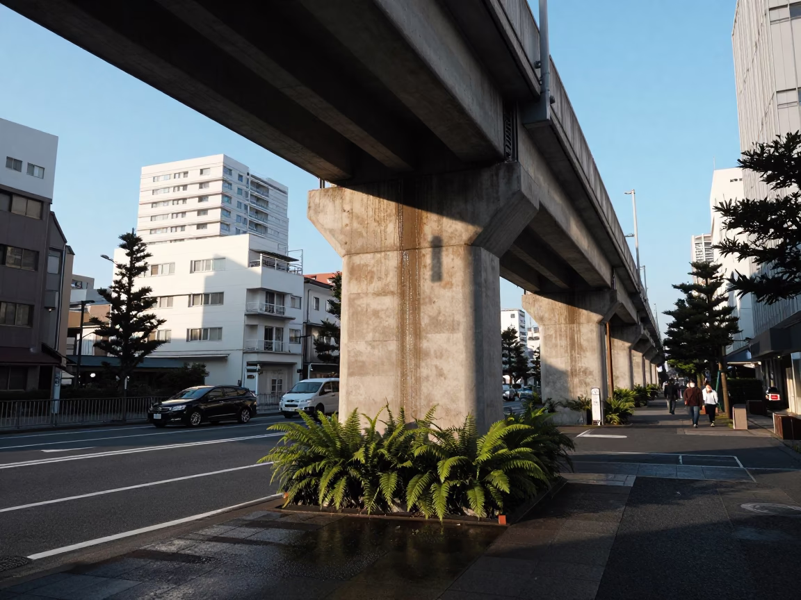 Tokyo Japan Late Afternoon Street Scene with Viaduct Arch and Ferny Stone Undercroft in in Tokyo, Japan