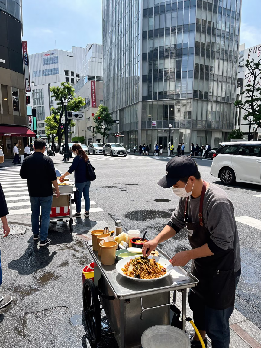 Tokyo Japan midday street scene with traditional food vendors and urban pedestrians in in Tokyo, Japan