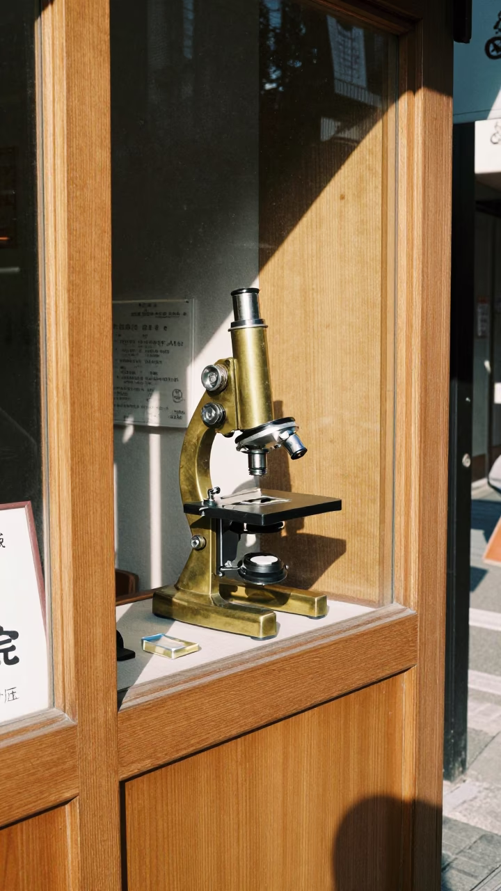 Tokyo Japan Midday Street Scene with Vintage Brass Microscope and Paperweight on Wooden Cabinet in in Tokyo, Japan