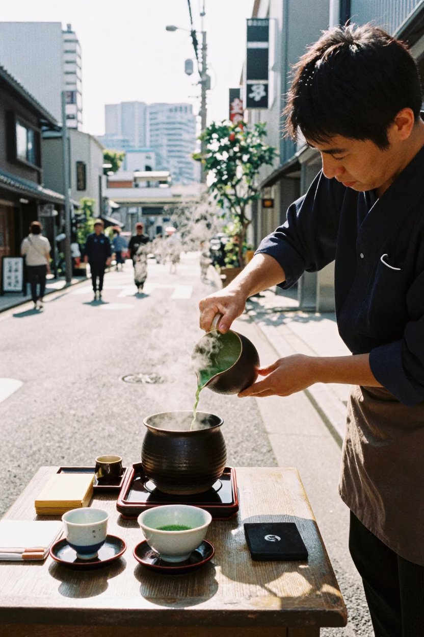 Tokyo Japan Midmorning Street Scene with Traditional Tea Service and Urban Background in in Tokyo, Japan
