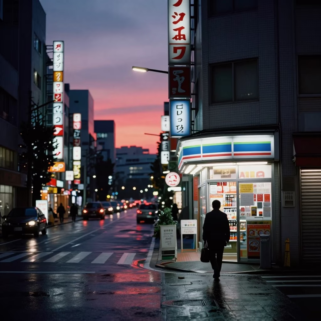 Tokyo Japan Predawn Street Scene with Neon Signs and Urban Architecture in in Tokyo, Japan
