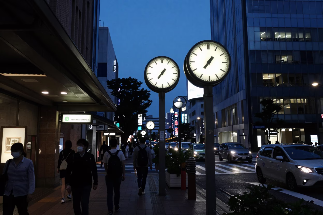 Tokyo Japan Predawn Street Scene with Train Station Clock and Urban Details in in Tokyo, Japan