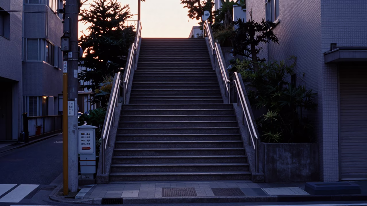Tokyo Japan Street Scene Before Sunrise with School Staircase and Glass Tumbler in in Tokyo, Japan