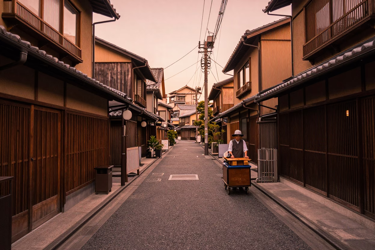 Tokyo Japan Street Scene in Copper Toned Light Before Dusk with Traditional Lanterns in in Tokyo, Japan