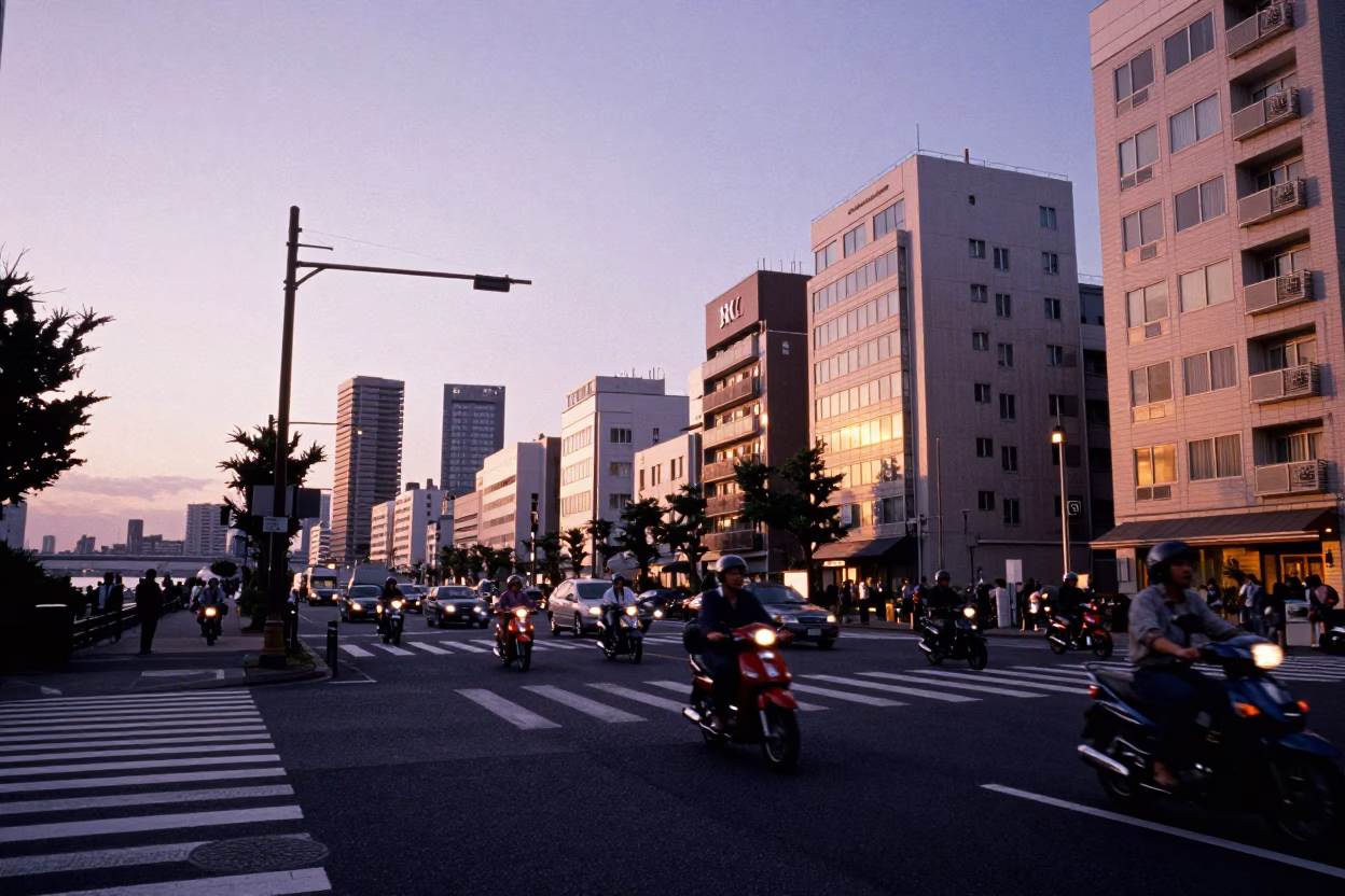 Tokyo Japan Sunset Street Scene with Motorcycle Convoy on Coastal Highway 1980s in in Tokyo, Japan