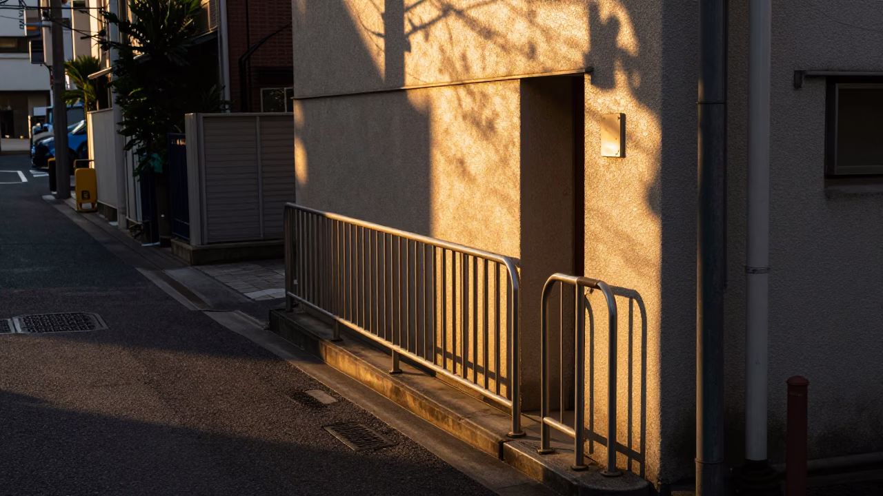 Tokyo Japan Sunset Street Scene with Stair Rail and Urban Details in in Tokyo, Japan