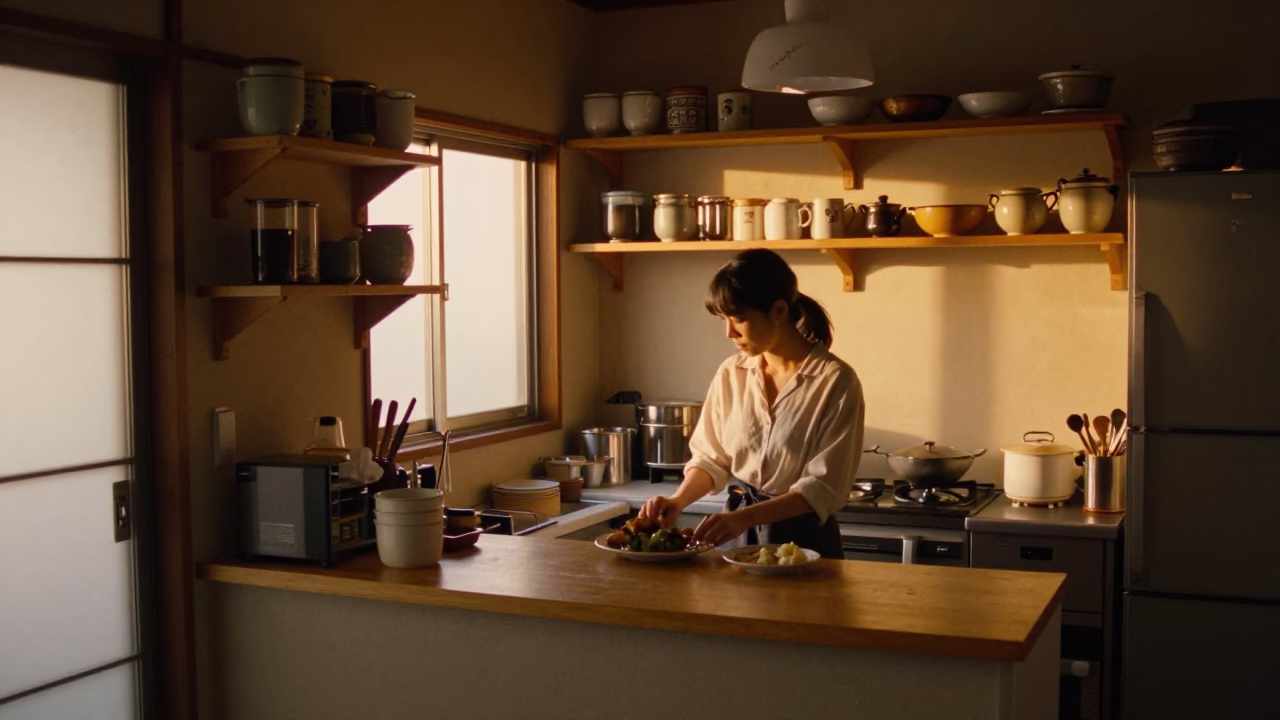Tokyo Kitchen Evening Scene with Wooden Shelves and Served Poke Bowl in in Tokyo, Japan