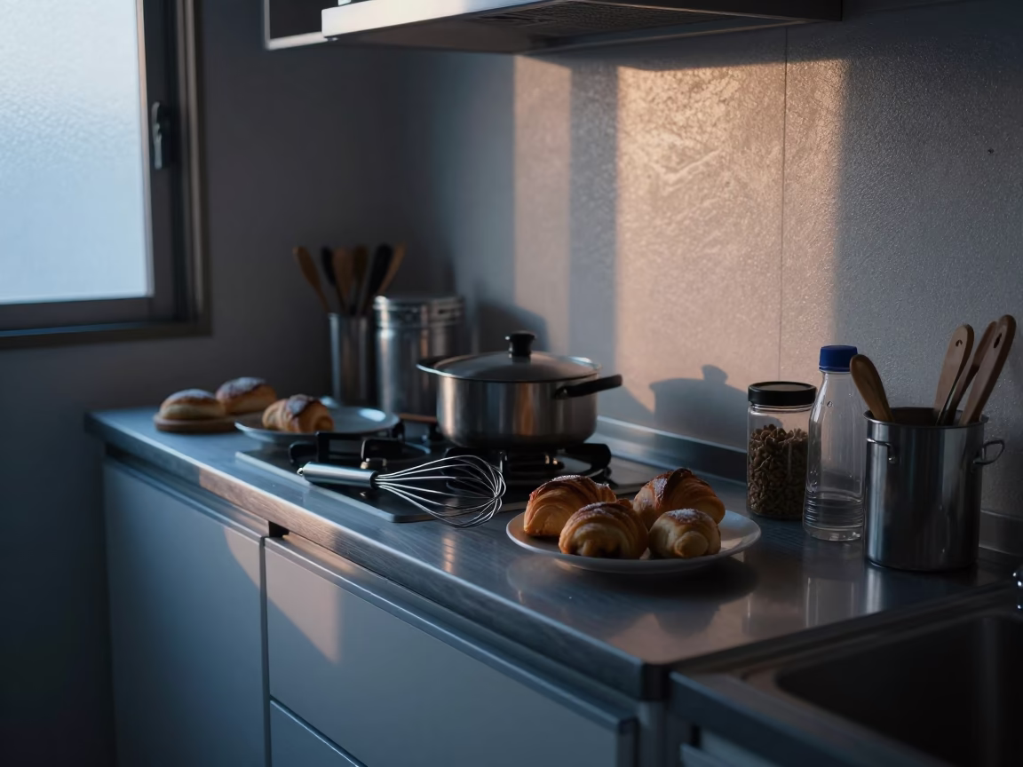 Tokyo Kitchen Interior at Dawn with Whisk and Pastries Near Substation Fence View in in Tokyo, Japan
