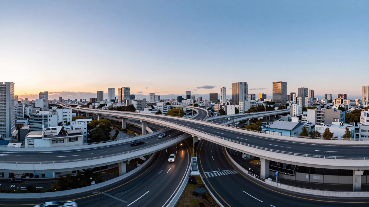 Tokyo Late Afternoon Overpass Interchange Lane Split Lit by Taillight Streaks in in Tokyo, Japan