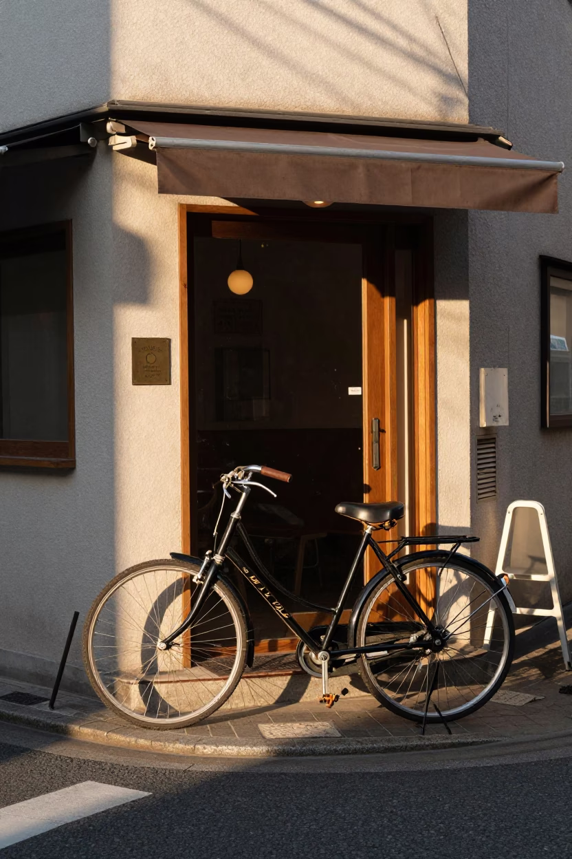 Tokyo Late Afternoon Street Scene Bicycle Leaning Against Cafe Entrance in in Tokyo, Japan
