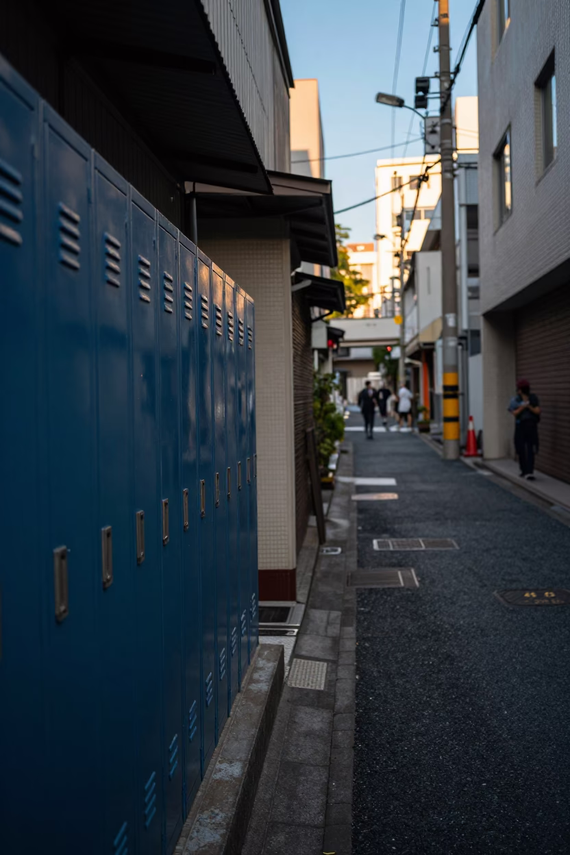 Tokyo Late Afternoon Street Scene with School Lockers and Geometric Scaffold Joints in in Tokyo, Japan
