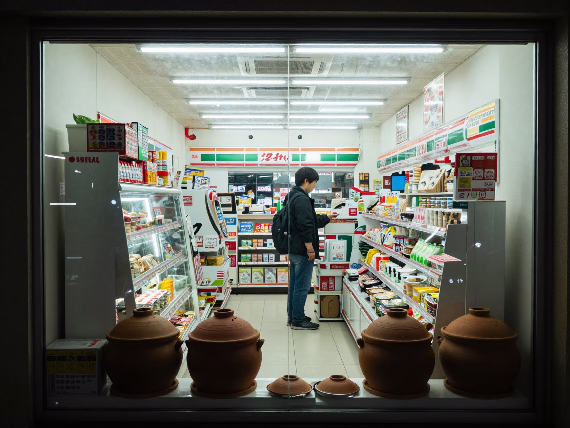 Tokyo Late Night Convenience Store Interior with Clay Pot Congee and Century Egg in in Tokyo, Japan