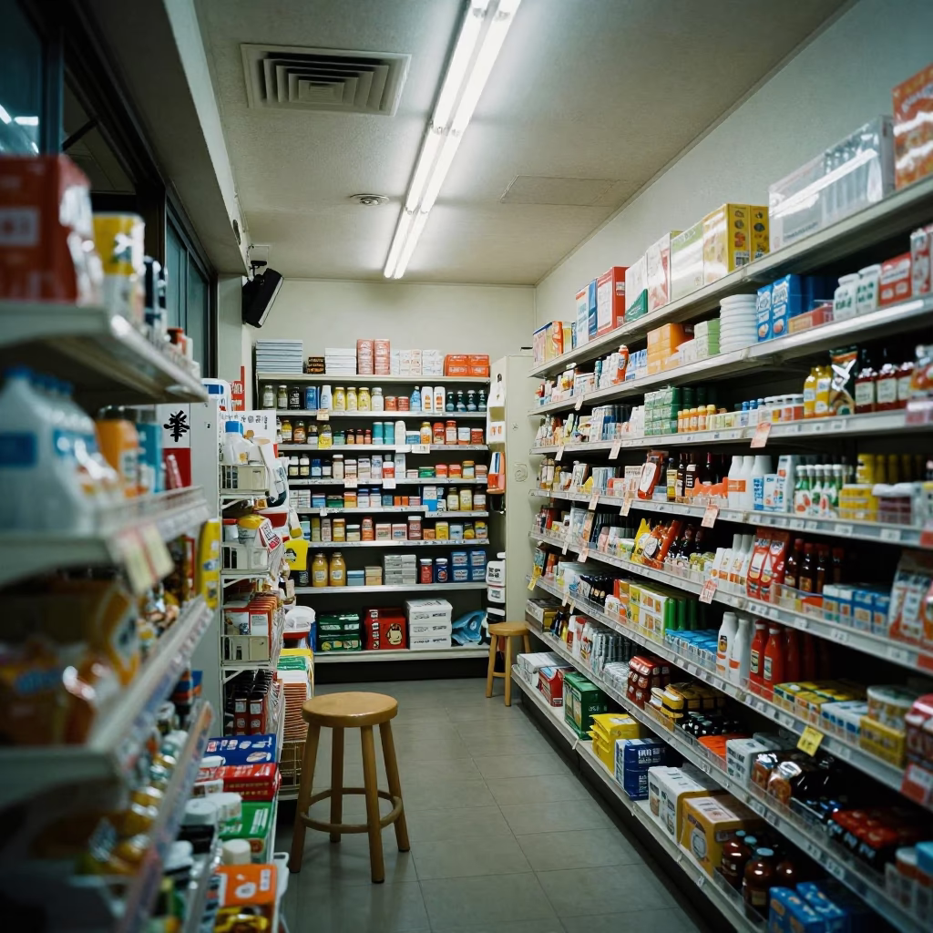 Tokyo Late Night Convenience Store Interior with Wooden Stool and Brushed Steel Bowl in in Tokyo, Japan