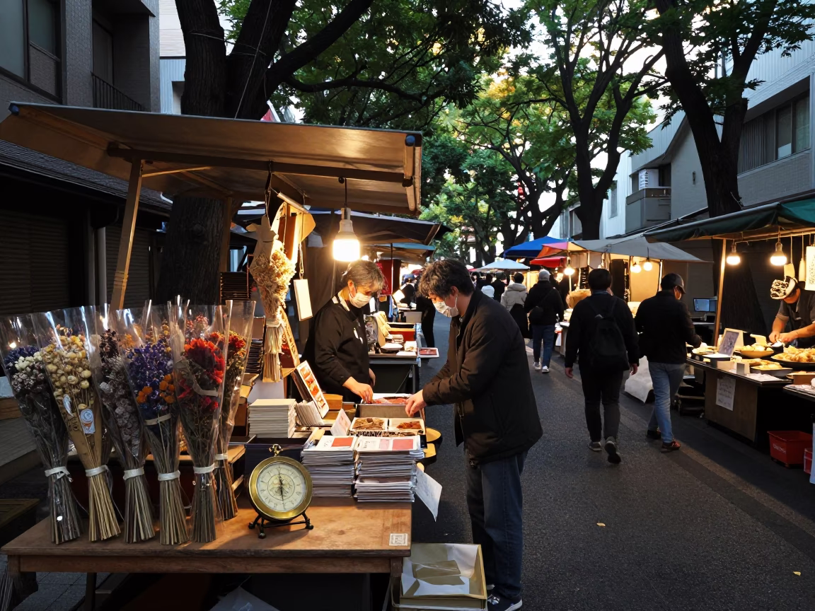 Tokyo Market Stall at As First Light Reaches The Scene in in Tokyo, Japan