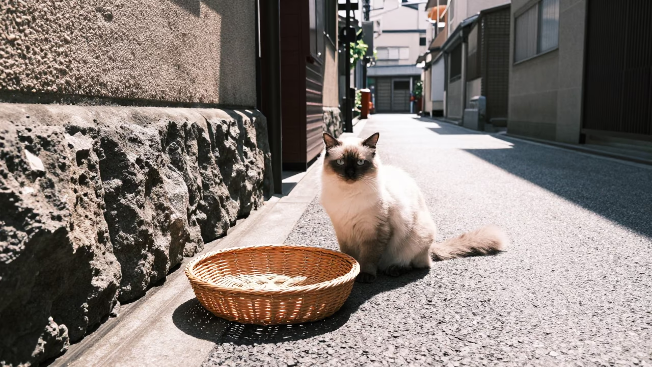 Tokyo Midday Street Scene with Cat and Vintage Items in Japan in in Tokyo, Japan