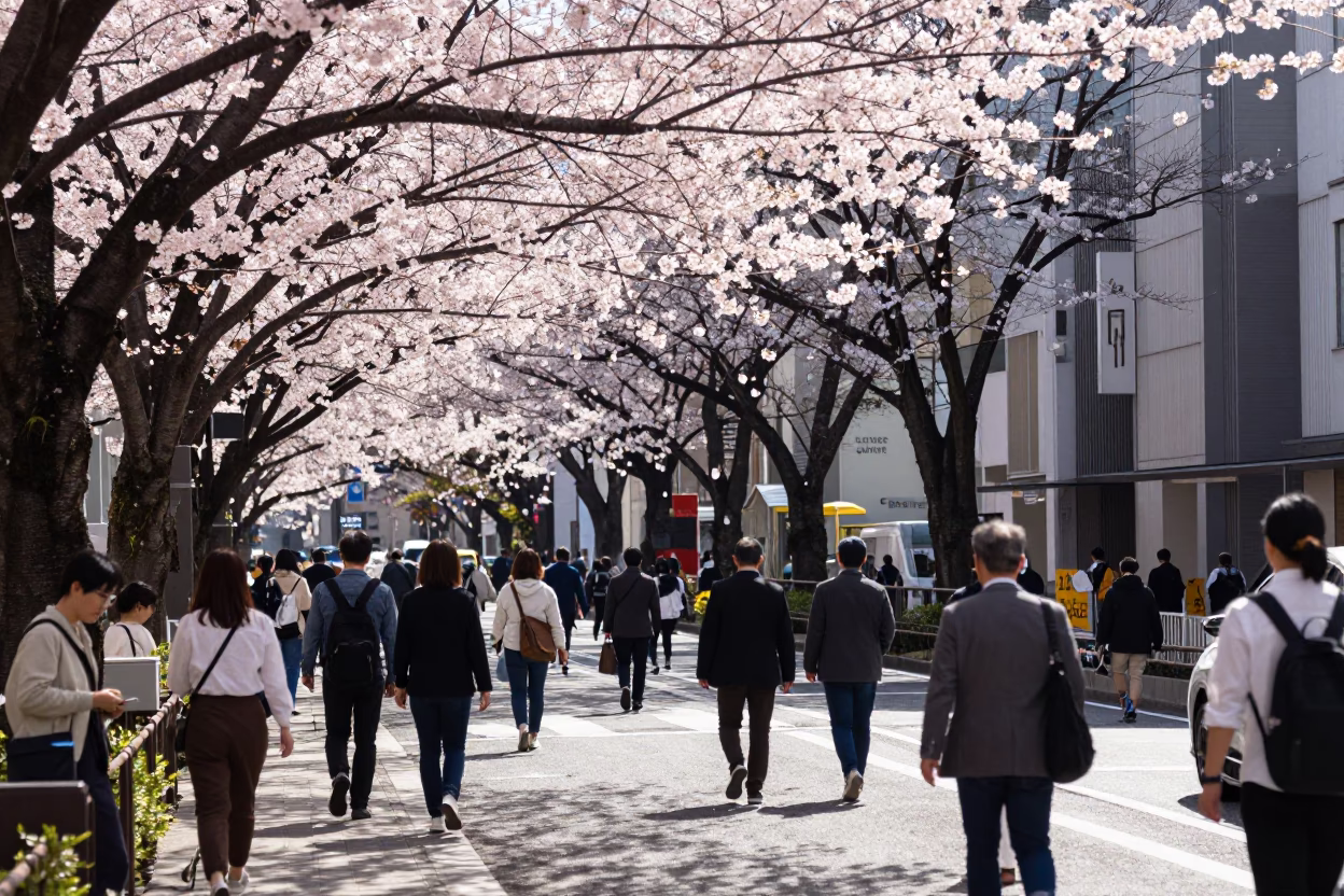 Tokyo Midday Street Scene with Cherry Blossoms and Urban Life in in Tokyo, Japan