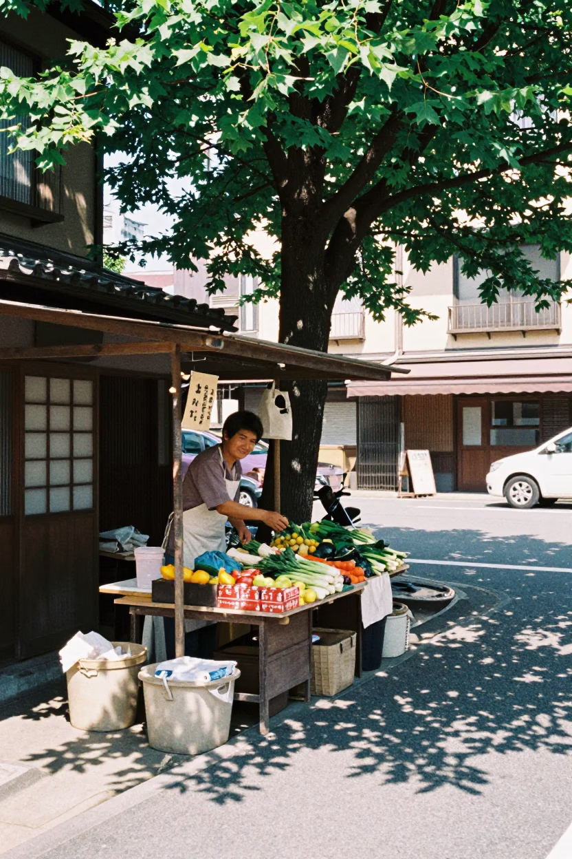 Tokyo Midday Street Scene with Tree Shade and Local Vendor Display in in Tokyo, Japan