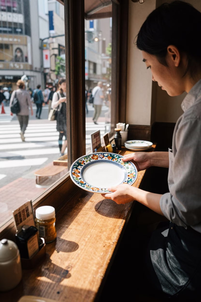 Tokyo Midday Street Scene with Vintage Majolica Plate and Coffee Mugs in Local Cafe in in Tokyo, Japan