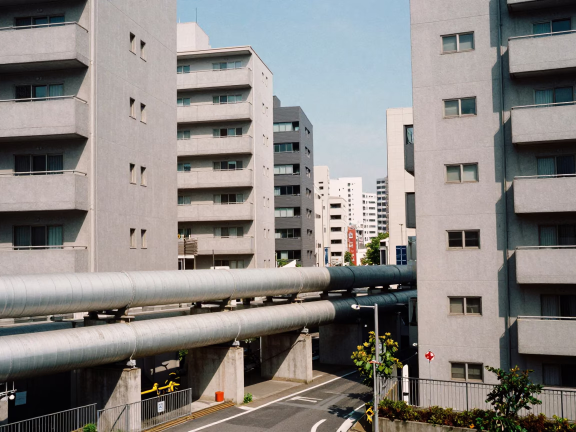 Tokyo Midday Urban Landscape with District Heating Pipes and Concrete Apartment Blocks in in Tokyo, Japan