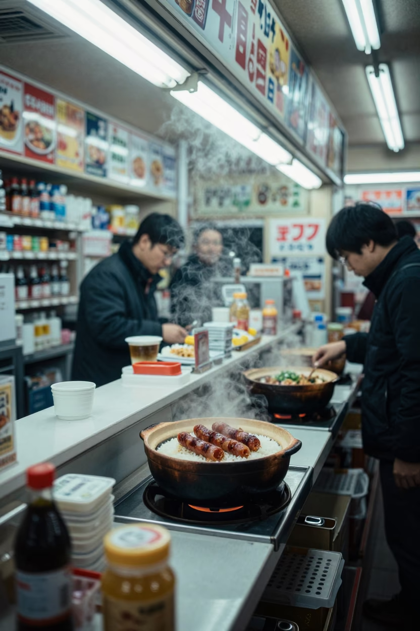 Tokyo Midnight Convenience Store Interior with Clay Pot Rice and Brass Details in in Tokyo, Japan