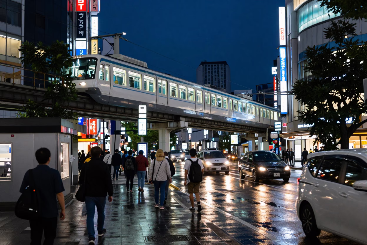 Tokyo Midnight Street Scene with Monorail Overhead and Bowl on Table in in Tokyo, Japan