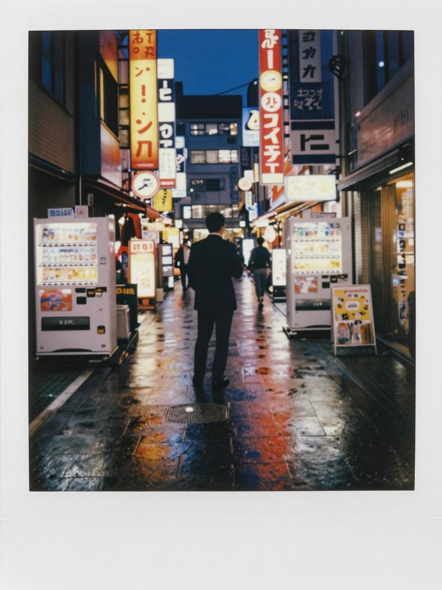 Tokyo Midnight Street Scene with Neon Reflections and Local Interaction in in Tokyo, Japan
