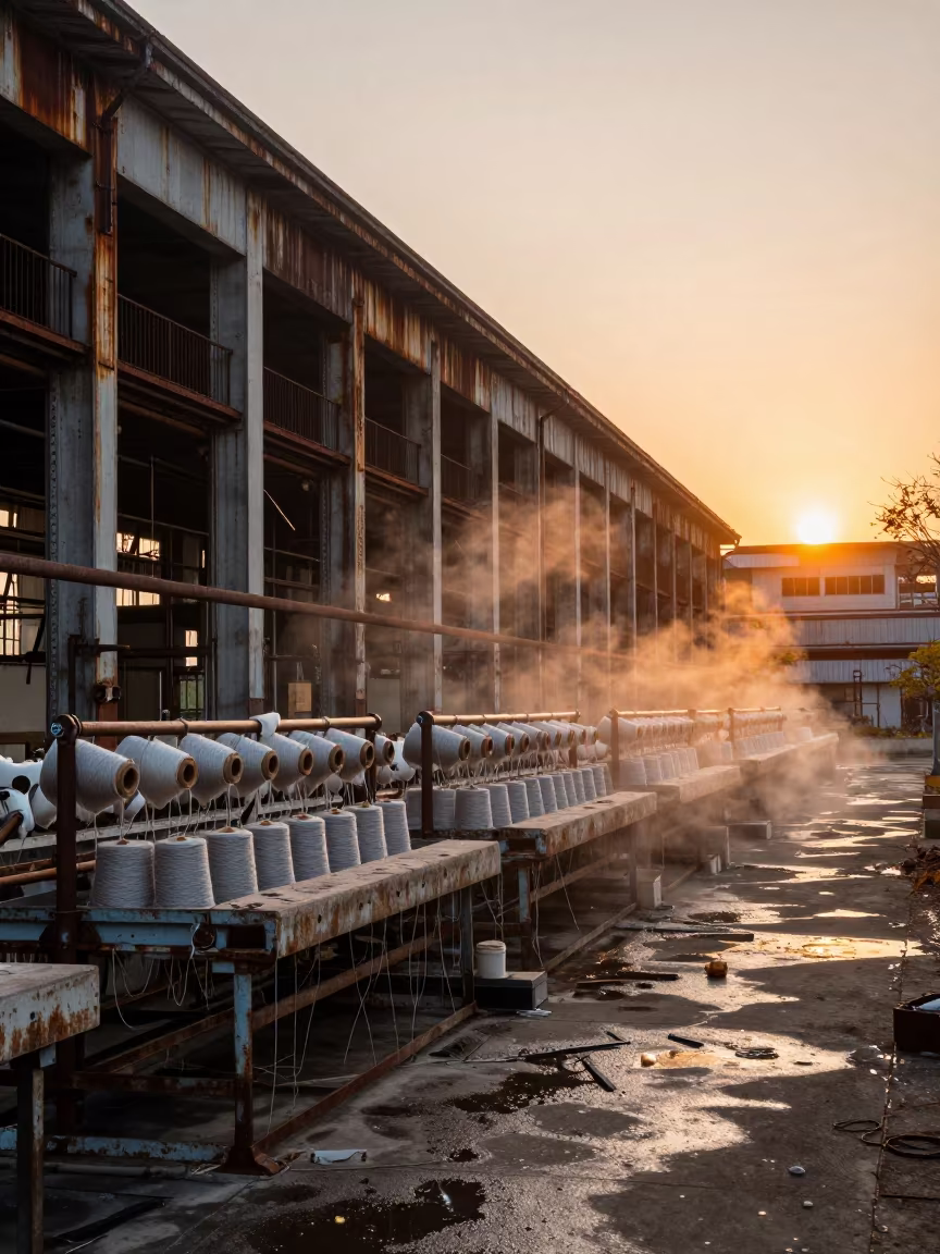 Tokyo Mill Yarn on Sorting Tables at Dusk in along a food-processing floor with sorting tables in Tokyo