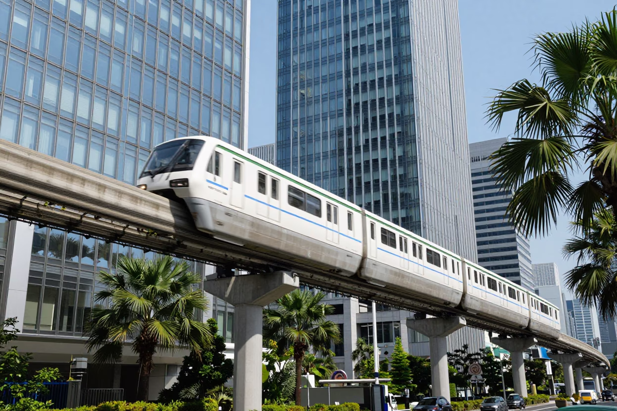 Tokyo Monorail Gliding Past Glass Towers and Palm Trees at Midday in in Tokyo, Japan