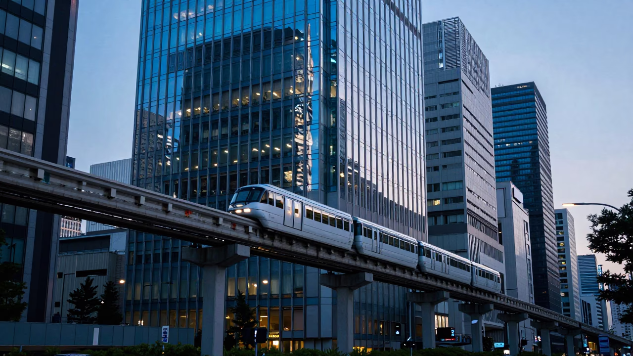 Tokyo Monorail Reflection in Glass Skyscraper Early Evening Street Scene in in Tokyo, Japan