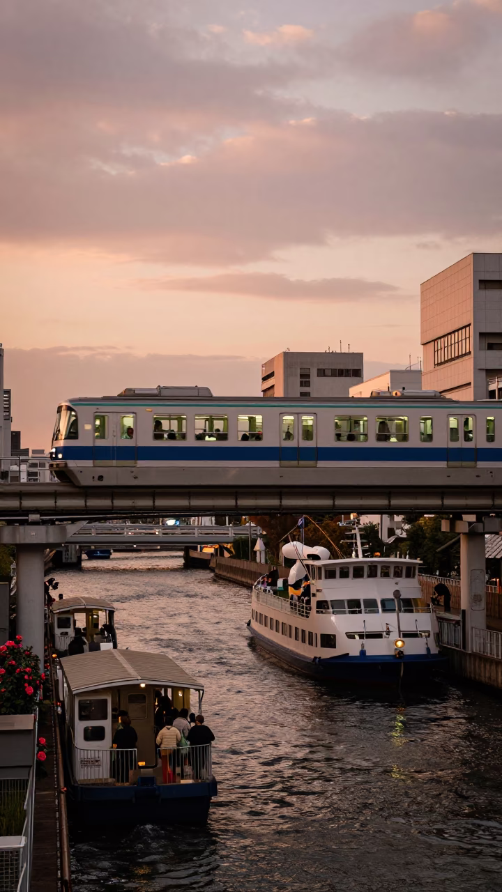 Tokyo Monorail Sweep Over River at Dusk with Camellia and Ferry Dock in in Tokyo, Japan