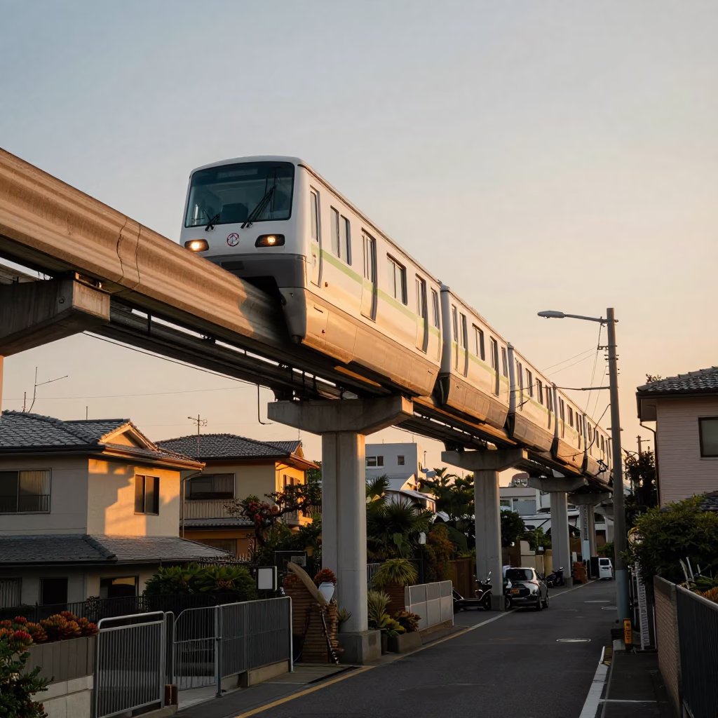 Tokyo Monorail Train Passing Over Residential Street at Golden Hour with Succulent Pots in in Tokyo, Japan