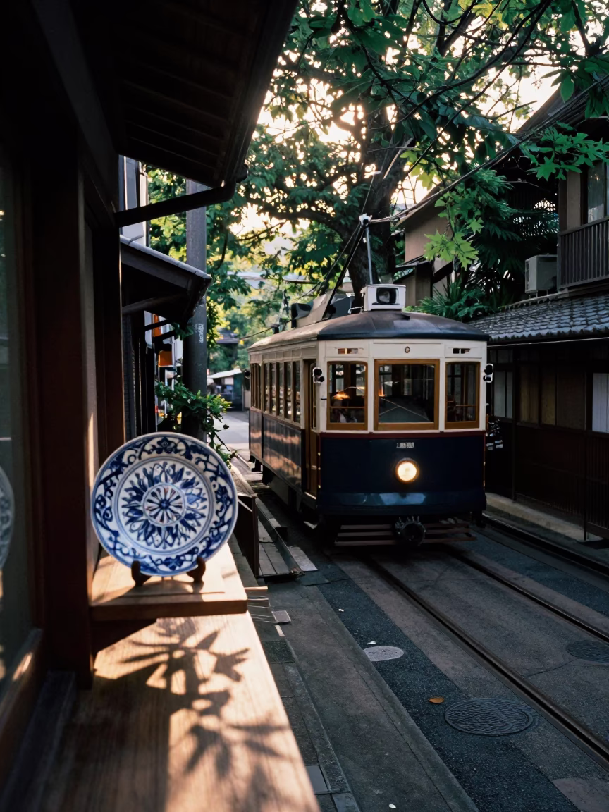 Tokyo Morning Light Illuminates Steep Hillside Tram and Traditional Alleyway Details in in Tokyo, Japan