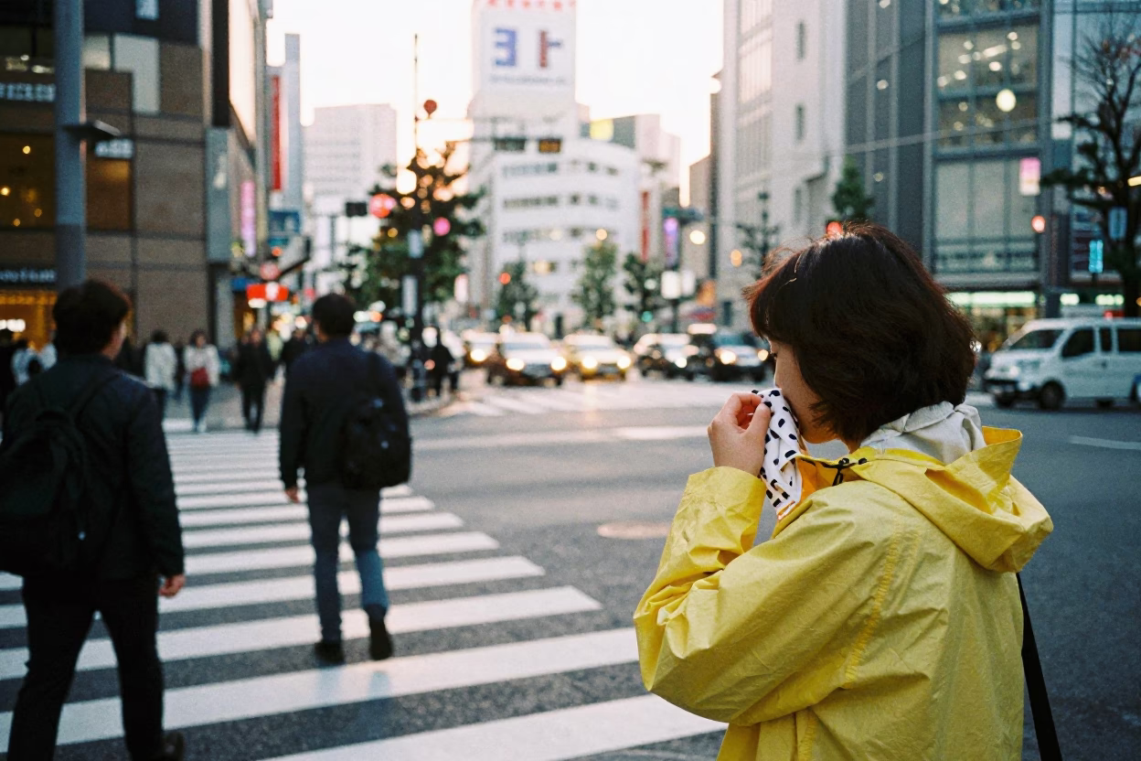 Tokyo Morning Street Scene with Handkerchief and Urban Details in in Tokyo, Japan