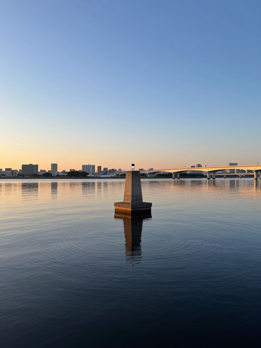 Tokyo Nautical Dawn Bridge Pier in Mirror-Still Water with City Skyline in in Tokyo, Japan