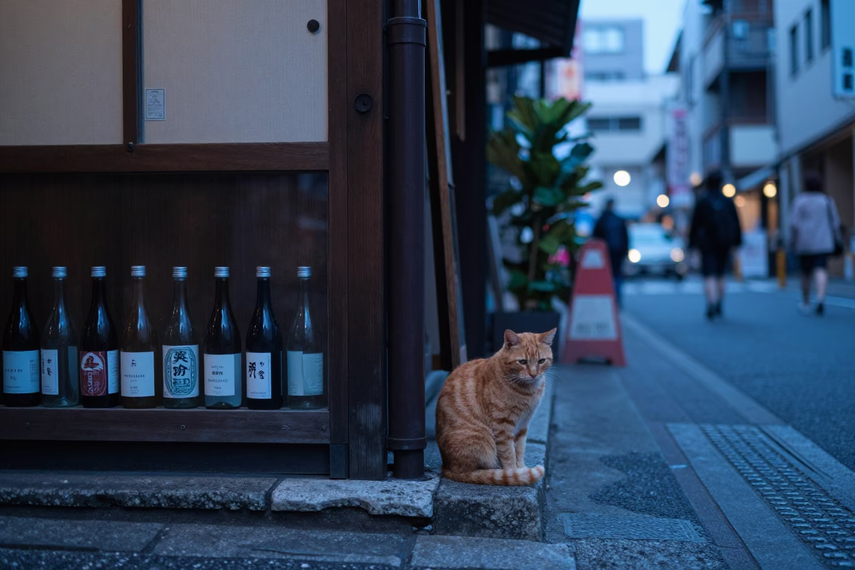 Tokyo Nautical Dawn Street Scene with Glass Bottles and Orange Cat in in Tokyo, Japan