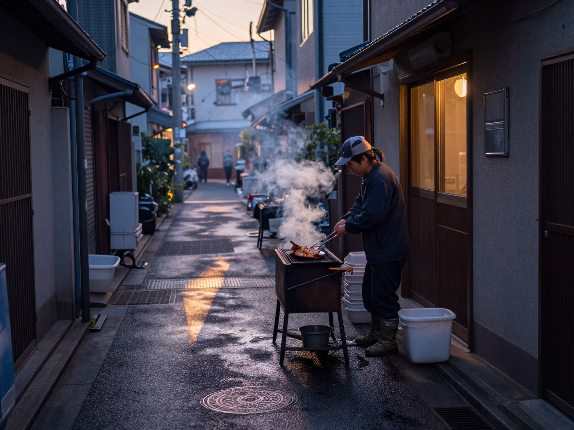 Tokyo Nautical Dawn Street Scene with Grilled Fish on Banana Leaf and Work Gloves in in Tokyo, Japan